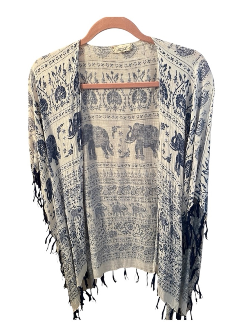 Women’s Adorable Bohemian Elephant Print Fringe Kimono Shrug Wrap by Janice - Picture 2 of 4